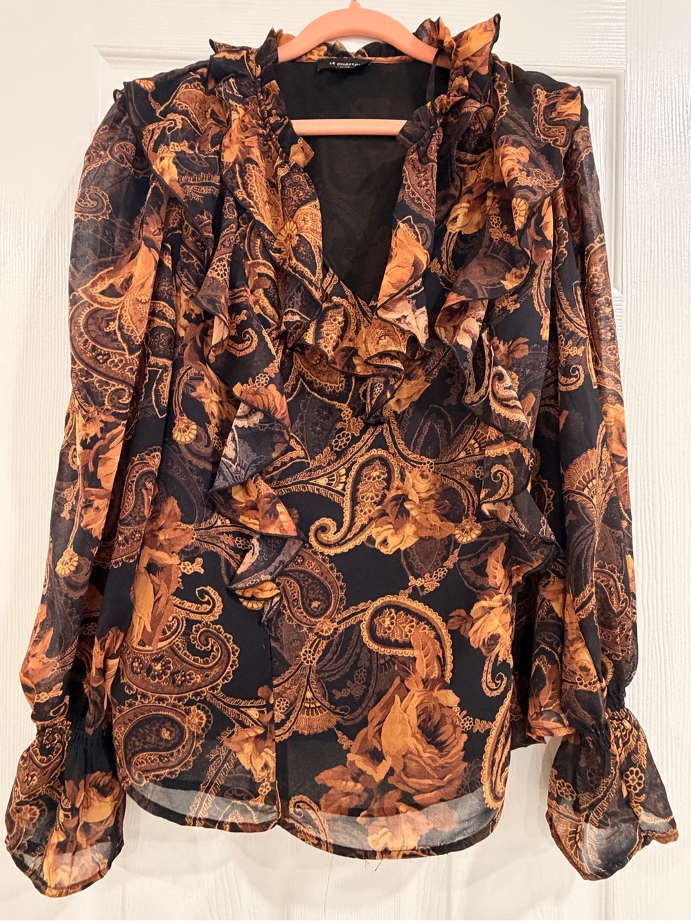 le chateau Black and Rust Paisley Ruffle Blouse
